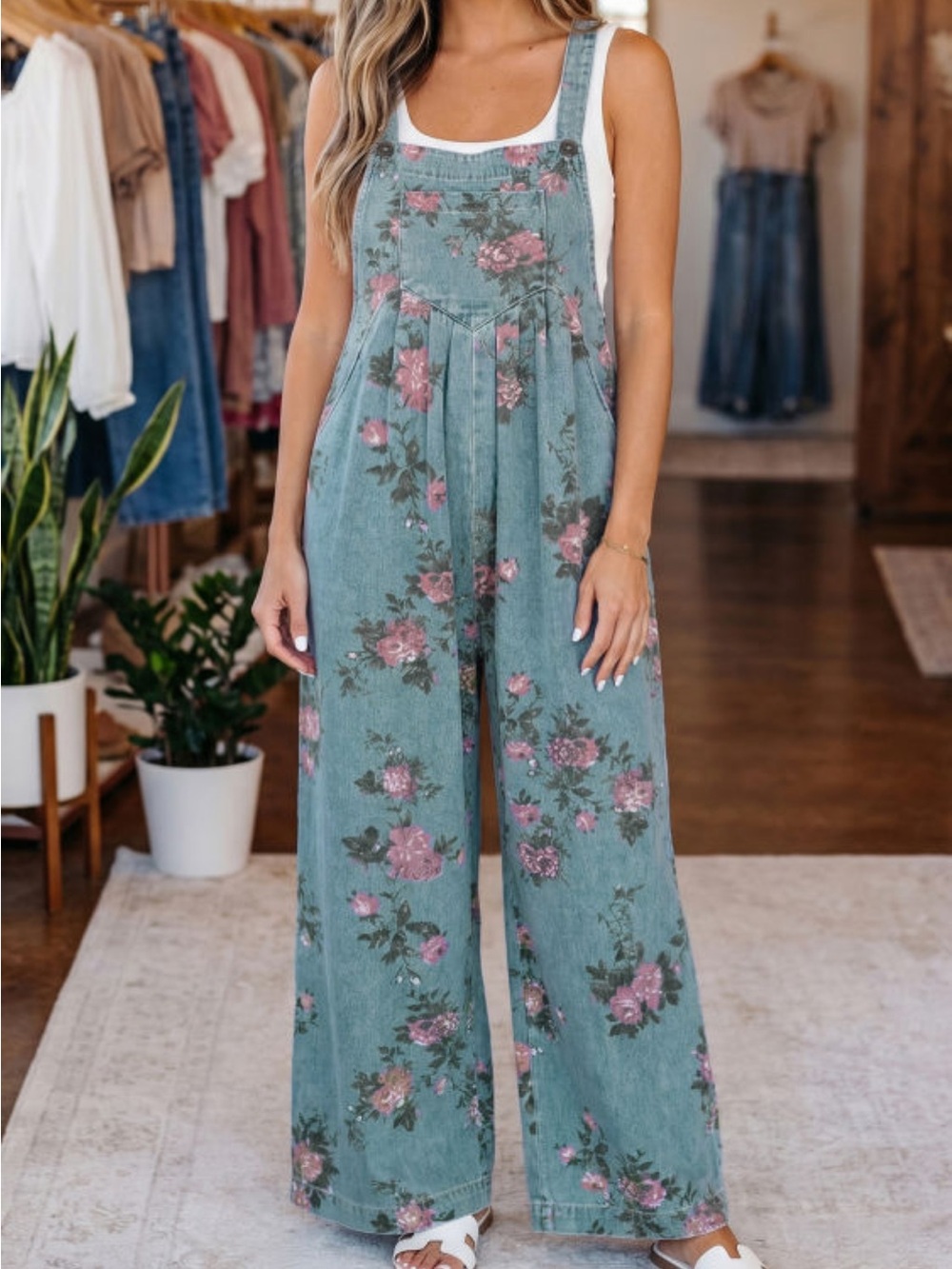 Floral Wide-Leg Overalls Jumpsuit in Teal with Pink Roses